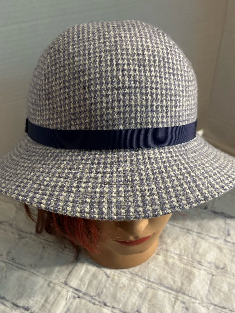 KANGOL EMILY HOUNDSTOOTH BLUE GREY/IVORY WOOL BLEND ENGLAND MADE WOMEN’S HAT